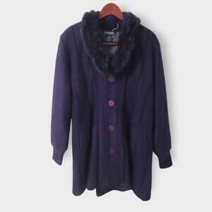 NWOT Vtg Venesha Angora Coat Fur Collar  Purple Snap Button Sz Lg Glam Mobwife